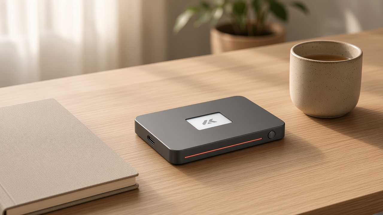 The Yenao Wallet on an oak desk beside a closed notebook and a ceramic cup.