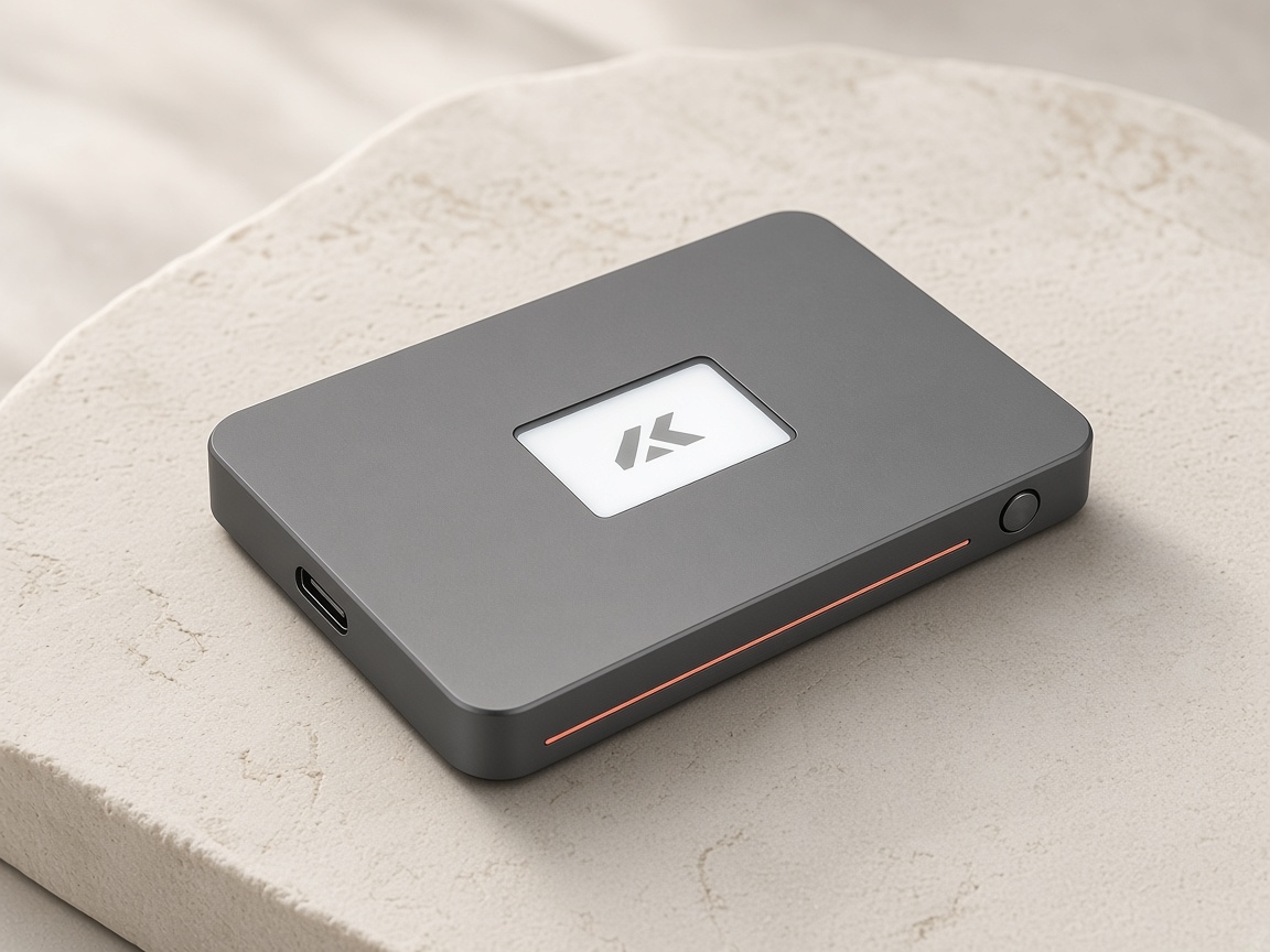 Three-quarter view of the Yenao Wallet on pale stone.