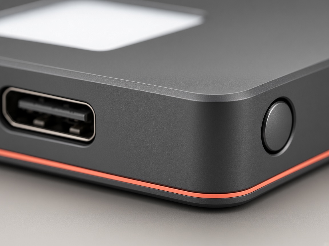 Macro photograph of the USB-C port, round button, and coral edge of the Yenao Wallet.